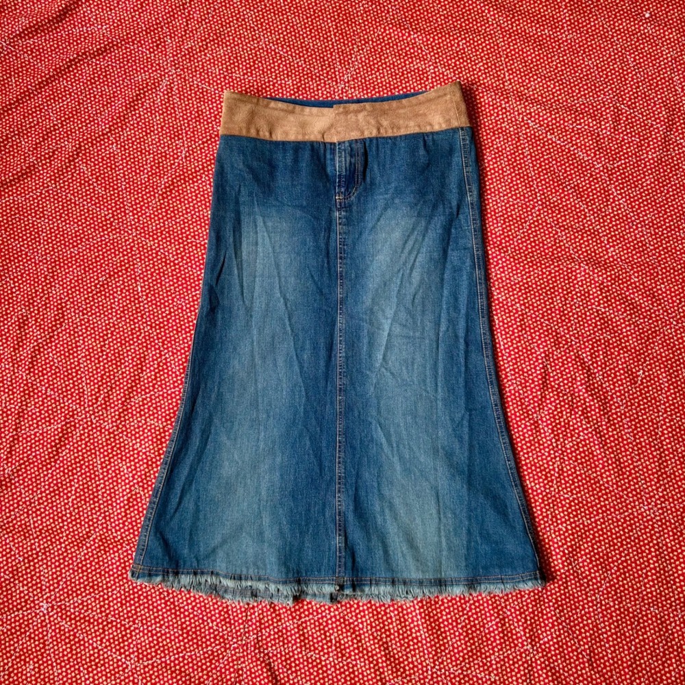 Billy Blues Vintage 90s Denim Maxi Skirt Size 10 Blue Frayed Hem Suede Trim Boho
